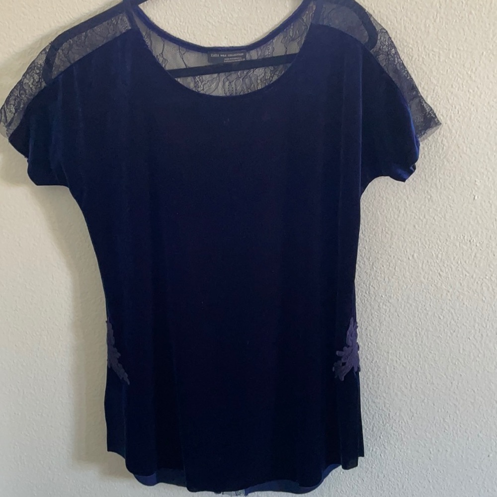 ZARA W&B Royal Blue Velvet & Black Lace Blouse